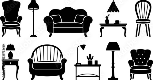 A collection of black silhouette furniture pieces including chairs sofas and tables on white background