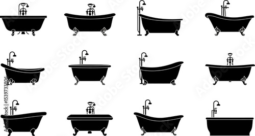 Twelve black silhouettes of bathtubs with various designs and faucet styles arranged on a white background