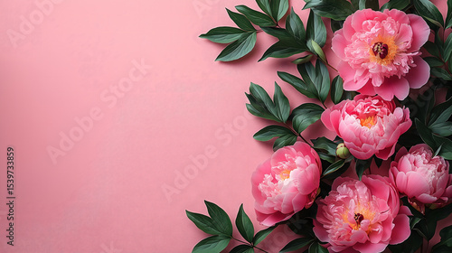Beautiful pink peonies with lush green leaves on a soft pink background