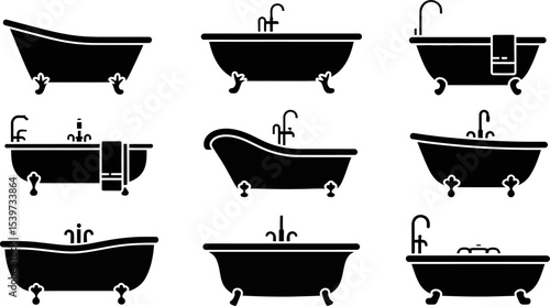 Illustration of nine black silhouette clawfoot bathtubs with faucets and towels on white background