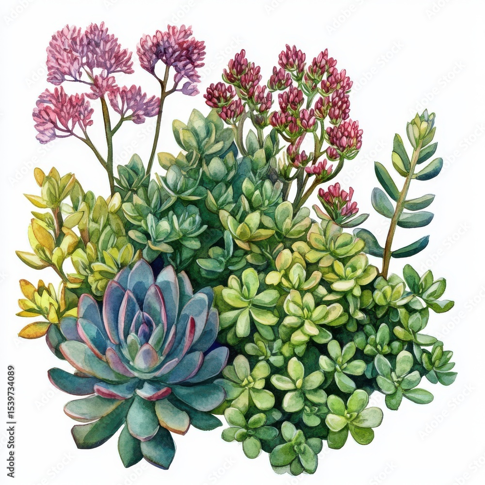Obraz premium Watercolor Painting of Succulent Garden with Green Blue Pink Flowers