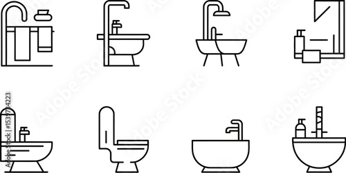 A collection of bathroom fixture line icons including sinks toilets and bathtubs in a white background