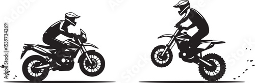 2 Young man on sports motor bike performs tricks silhouette
