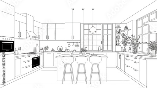 Line art kitchen interior with island seating and large windows in a modern design style room
