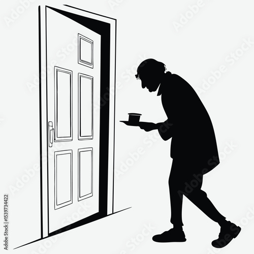 A silhouette of a person begging door to door, holding a bag with a bowed posture image design vector art and illustration