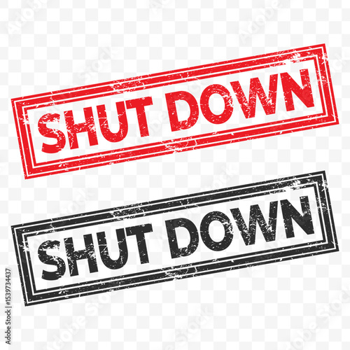 Vector illustration of Shut Down red and black grunge stamp, isolated on transparent background.