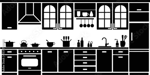 Black and white kitchen illustration with cabinets sink stove and various kitchen accessories shown