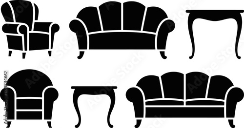 Black silhouettes of furniture including sofas armchairs and tables arranged on a white background