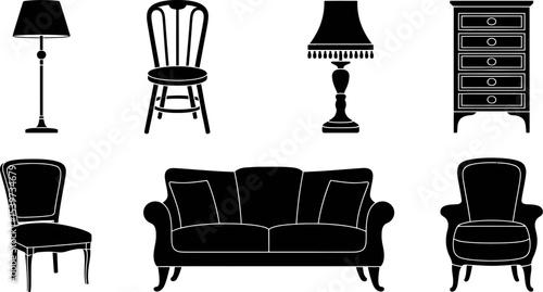 A collection of furniture silhouettes including chairs lamps and a chest of drawers on white background