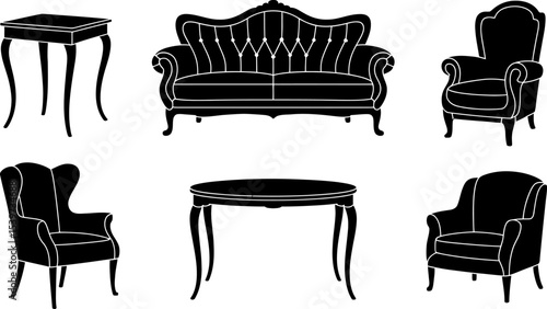 A collection of black furniture silhouettes including sofas chairs and tables on white background