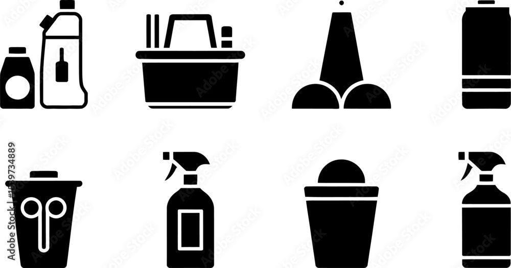 Fototapeta premium A set of eight black and white cleaning supply icons arranged in two rows on a white background