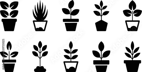 A collection of ten different plant icons in pots and soil in a black and white vector image style