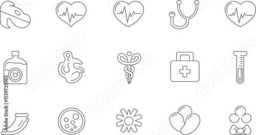 Illustration of medical icons including hearts stethoscope and other healthcare related symbols