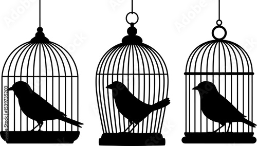 Three birdcages with birds inside in silhouette style on a white background in a row isolated view