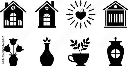A set of eight black and white icons featuring houses, heart, flowers, vases and other home decor items
