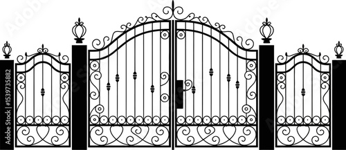 A decorative black iron gate with ornate details and posts on a white background in a vector graphic