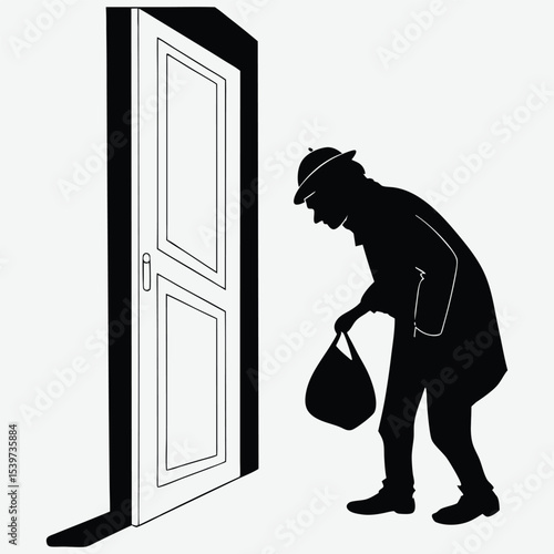 A silhouette of a person begging door to door, holding a bag with a bowed posture image design vector art and illustration