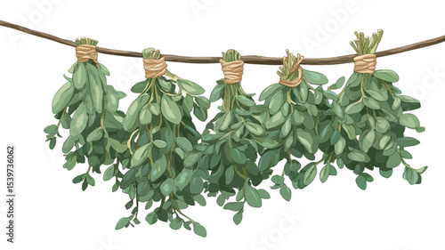 A close-up studio shot against a white background depicts five bundles of fresh green herbs hanging from a brown twig. Each bundle is tied with light brown twine. The herbs have small