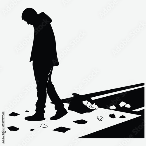 A silhouette of a person littering on the road, surrounded by scattered garbage and waste  design vector art and illustration