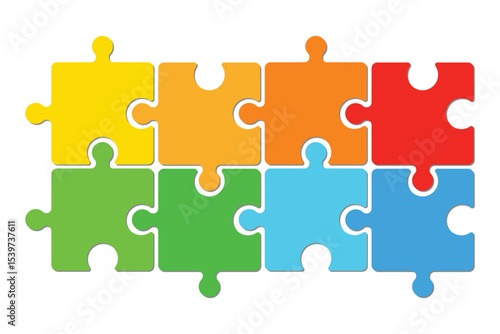 Flat vector icon of 8 jigsaw pieces. Jigsaw pieces symbol. Jigsaw on white background. Vector illustration.