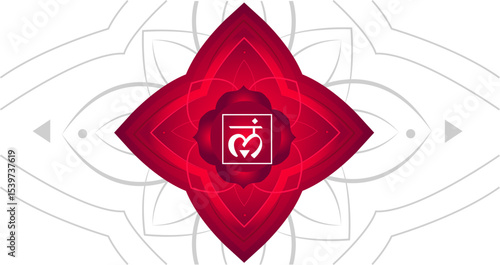 Vector illustration of red first chakra sign. Abstract mandala grey flower on white background. Root chakra backdrop. Muladhara symbol circle frame. Chakras design. Yoga class banner. Meditation aura