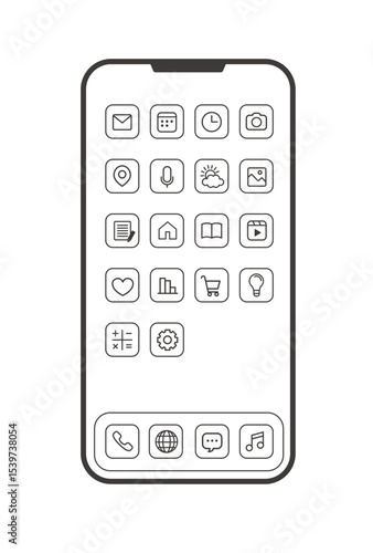 スマートフォン用シンプルアプリアイコンセットの線画イラスト（ベクター）