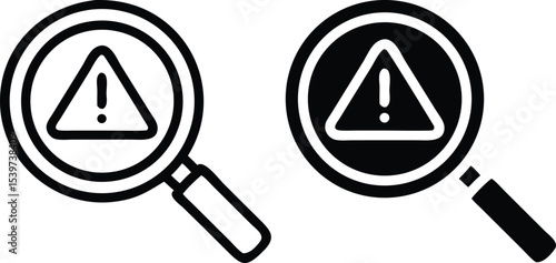 Minimal Line Art Magnifying Glass with Alert Triangle Icon – Monochrome Vector Symbol