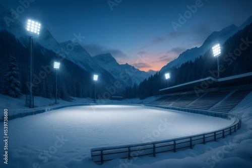 Empty ice rink illuminated by spotlights at dusk in snowy mountain landscape