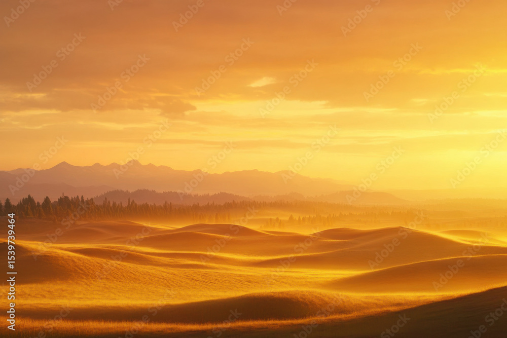 Fototapeta premium Golden sunrise illuminates rolling hills landscape