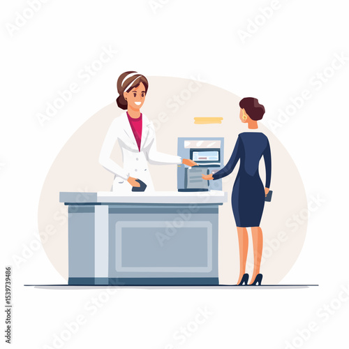 flat vector illustration of a professional bank teller wearing white uniform serving a client at a bank desk