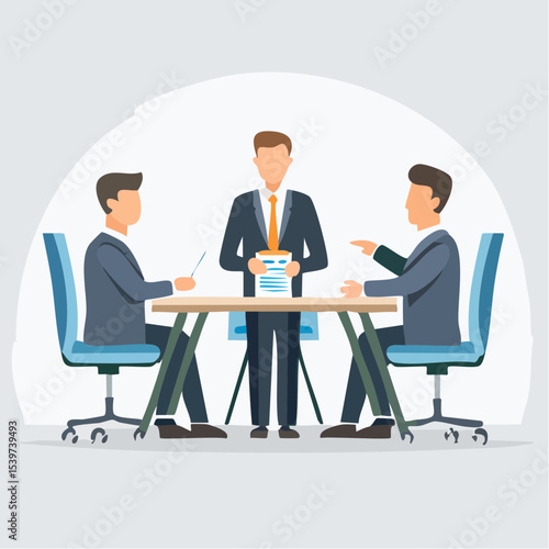  illustration of three business professionals negotiating a contract in a bright, minimal meeting room
