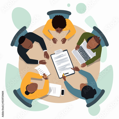 group discussion between three employees around a work agreement, showing teamwork and collaboration