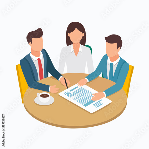group discussion between three employees around a work agreement, showing teamwork and collaboration