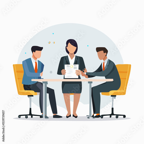 group discussion between three employees around a work agreement, showing teamwork and collaboration