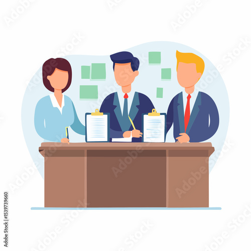 design of a team of three professionals negotiating a job agreement, one pointing at a paper contract