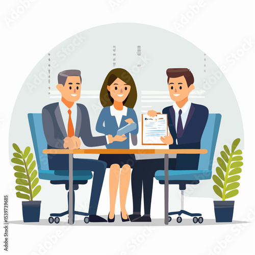 group discussion between three employees around a work agreement, showing teamwork and collaboration