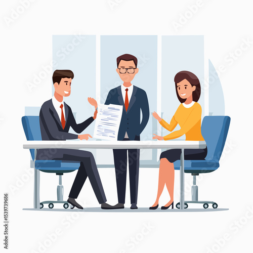 office scene with three diverse coworkers discussing terms of employment