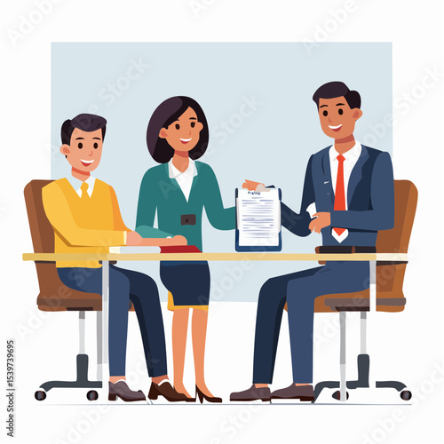 design of a team of three professionals negotiating a job agreement, one pointing at a paper contract