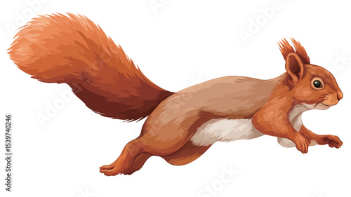 Digital illustration of a red squirrel in mid-leap. The squirrel is depicted in profile view, showcasing its reddish-brown fur, bushy tail, and white underbelly. 