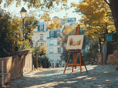 Painting in montmartre artist at work on a parisian street scene
