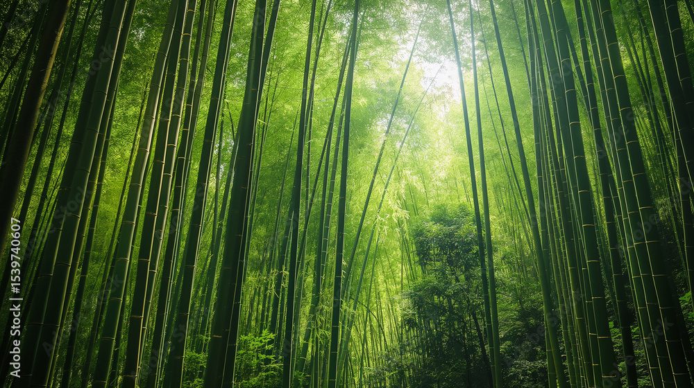 Fototapeta premium Tropical forest of bamboo, vibrant green leaves, peaceful path wind serene garden.