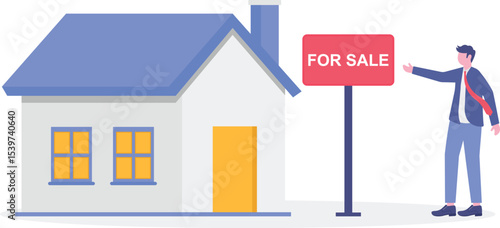Home for sale, selling house, moving to a new home concept.flat design.illustration with people.

