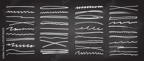 Underline stroke chalk scribbles doodle line collection on chalkboard. Hand drawn outline sketch wave brush mark elements crosshatch rough dividers set for text highlight underline emphasis