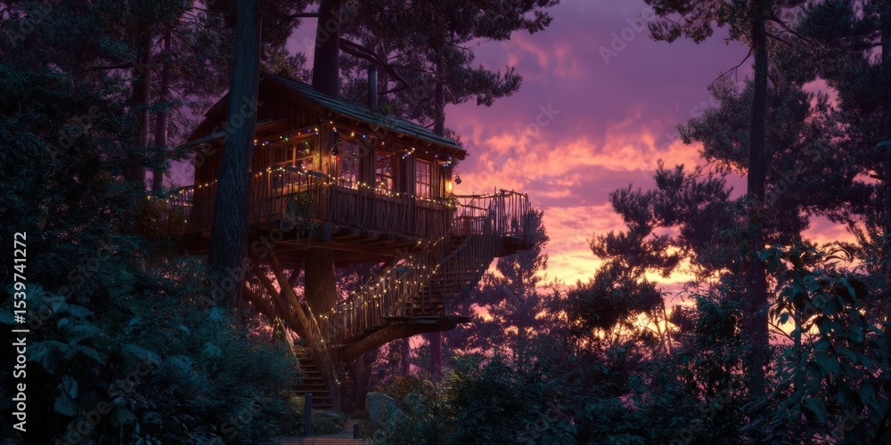 Fototapeta premium Enchanted Treehouse at Sunset with Colorful Lights