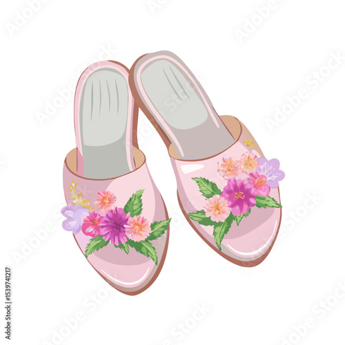 Vector illustration of elegant summer sandals with floral details on white background
