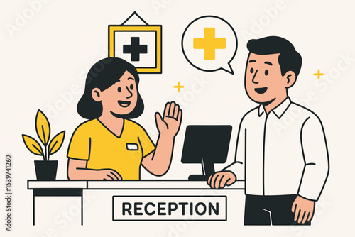 Hospital Receptionist Greeting Patient at Front Desk | Flat Style Healthcare Flat Vector Illustration
