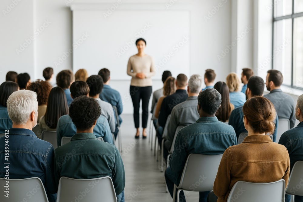 Obraz premium Professional speaker addressing diverse audience during seminar in bright modern conference room with white background and natural light setup.