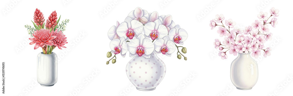 Obraz premium A beautiful watercolor display of diverse floral arrangements, featuring red ginger, elegant white orchids, and delicate pink cherry blossoms in vases.