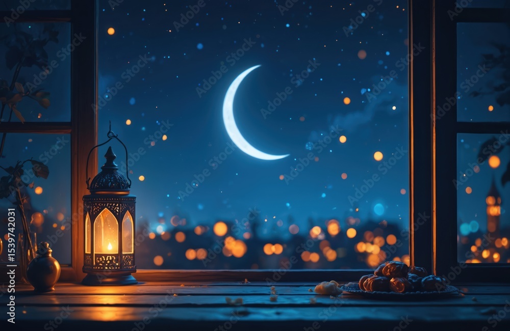 Fototapeta premium Ramadan Kareem photo of arabian lantern. Islamic muslim holiday, month of fasting, holy celebration. Crescent moon and defocused lights with arabesque lamp on window table at night with snacks.