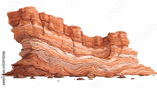 The image shows an isolated, abstract rock formation, possibly sandstone, characterized by layered, undulating textures and predominantly reddish-orange hues. The rock formation is presented